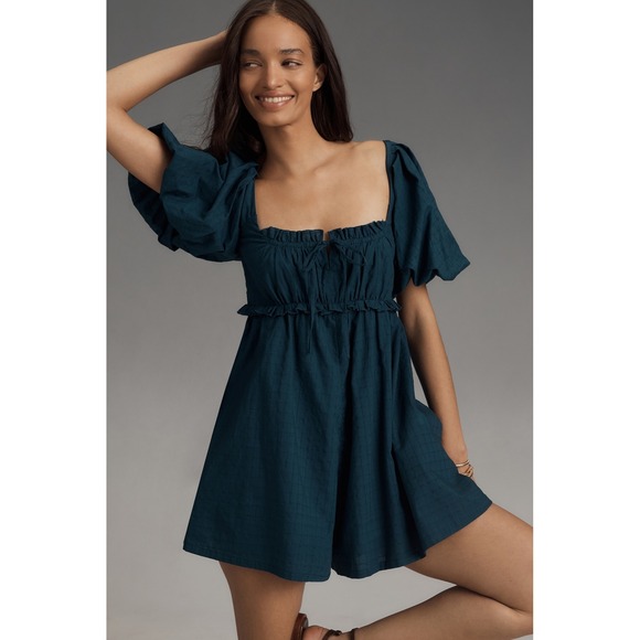 Anthropologie Pants - NEW Anthropologie Pilcro Puff-Sleeve Babydoll Romper Size Medium Blue